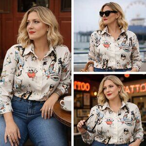 Alexander Henry “Forget Me Not” Tattoo Nautical Shirt 3XL Rockabilly Pin Me Up